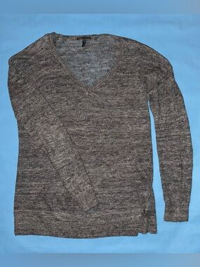 Vince 100% Linen V-Neck Sweater Large Gray Lightweight Tunic Minimalist Classic